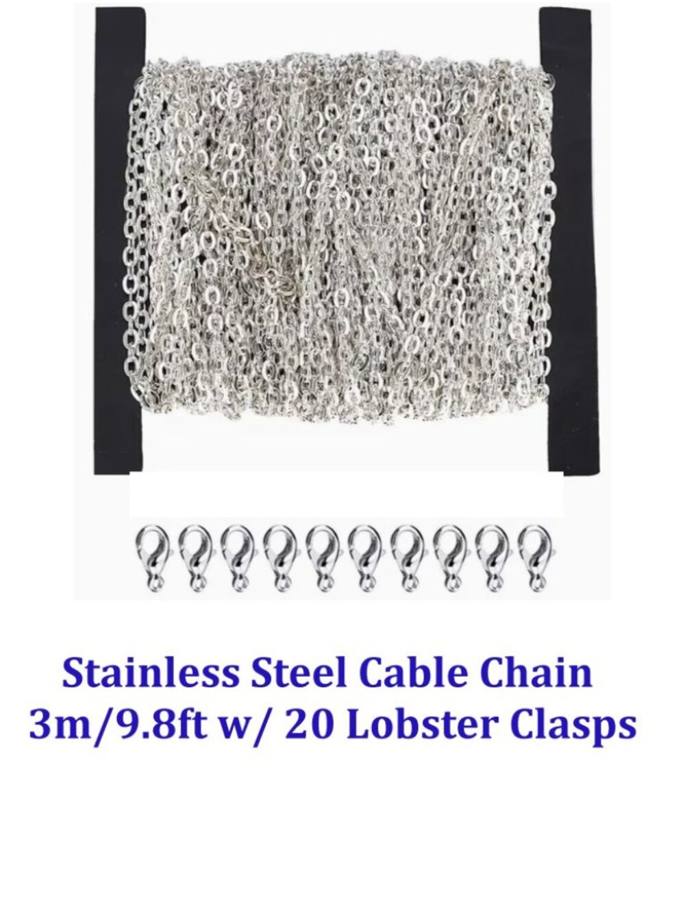 Stainless Steel Cable Chain  3m/9.8ft w/ 20 Lobster Clasps
